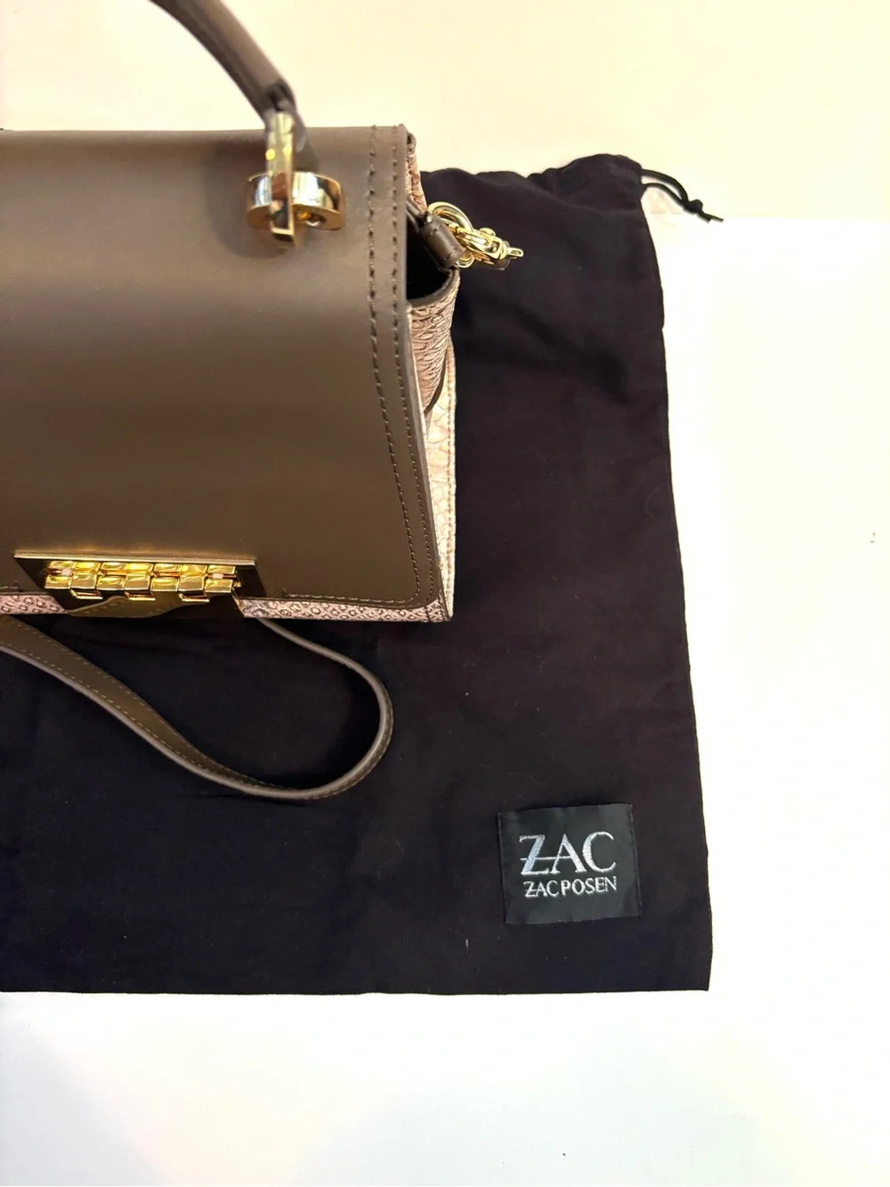Rare Zac Posen Eartha Top-Handle Mini Crossbody Taupe Olive Brown Gold